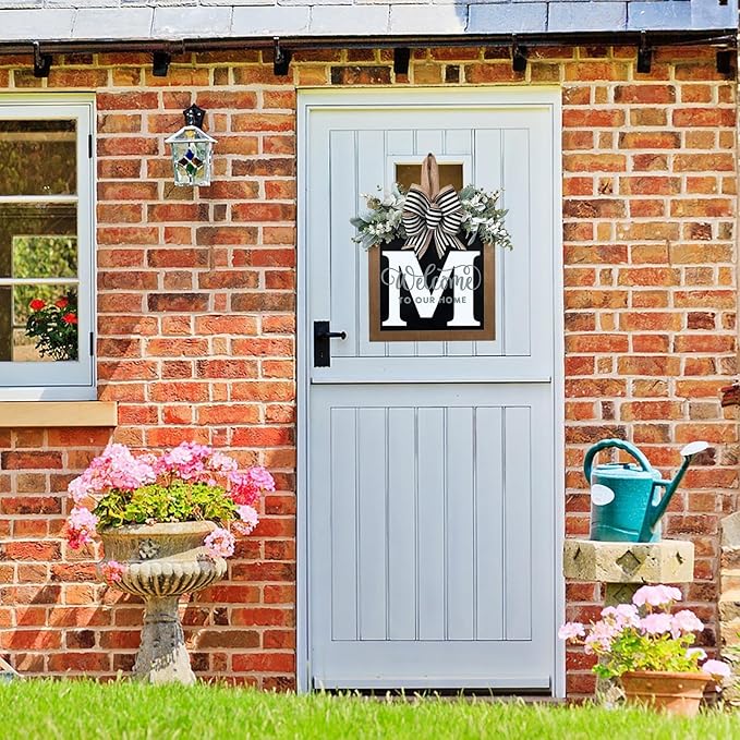 Last Name All Year Round Front Door Wreath with 26 Initial Letter Welcome Sign All Seasons Eucalyptus Garland and Bow ，Farmhouse, Porch, for Spring Summer Fall All Seasons Holiday Halloween Christmas. (M)