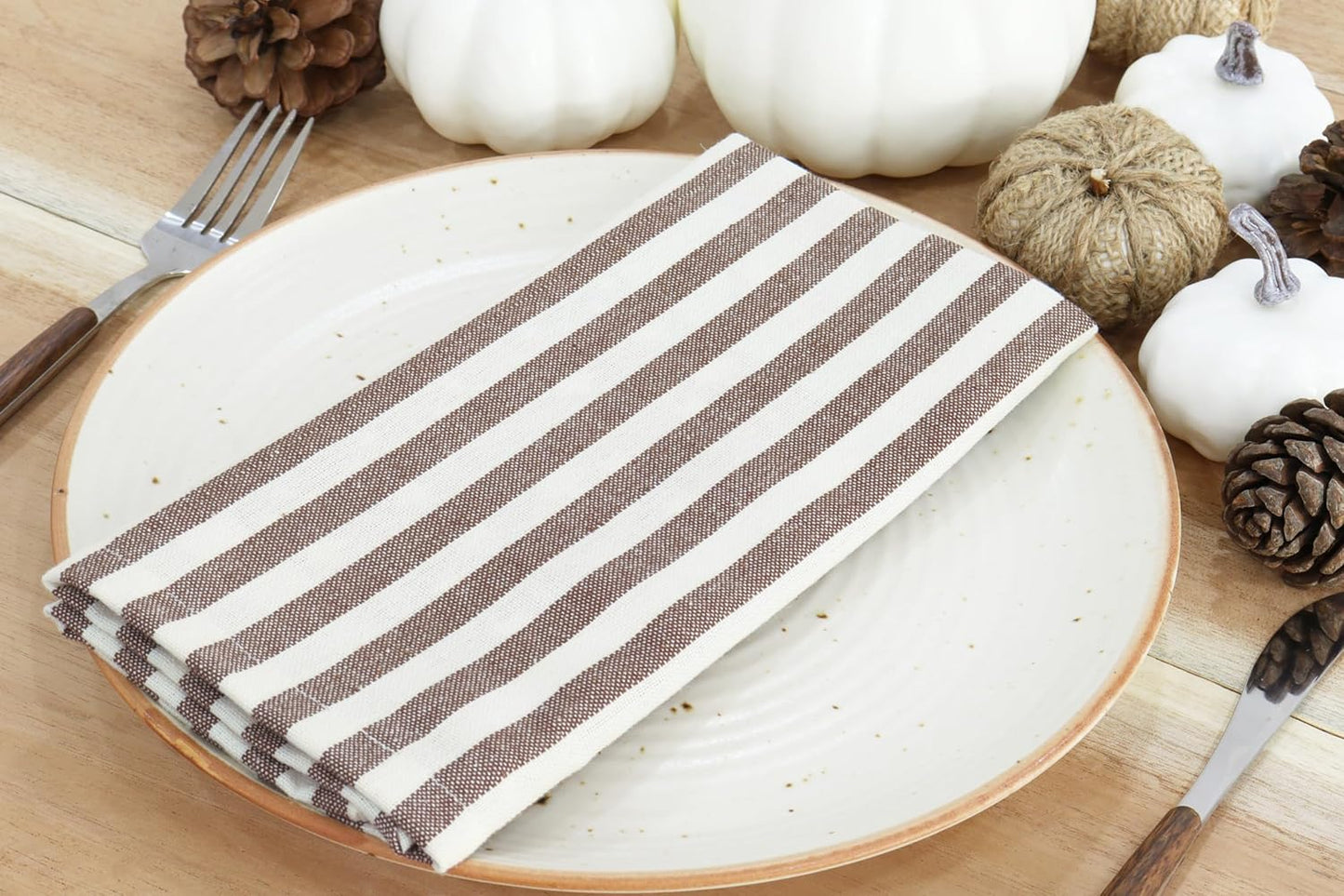PurpleEssences Plain Striped Cloth Napkins - Set of 12-100% Cotton - 18 x 18 Inch - Fall Thanksgiving - Perfect Everyday Use Dinner Napkin - Nut Brown and Ivory