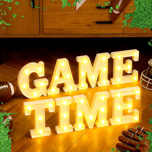 8 Pcs Football Game Time Large LED Letter Sign LED Lights Battery Powered Game Time Table Decorations for Football Theme Party Decoration