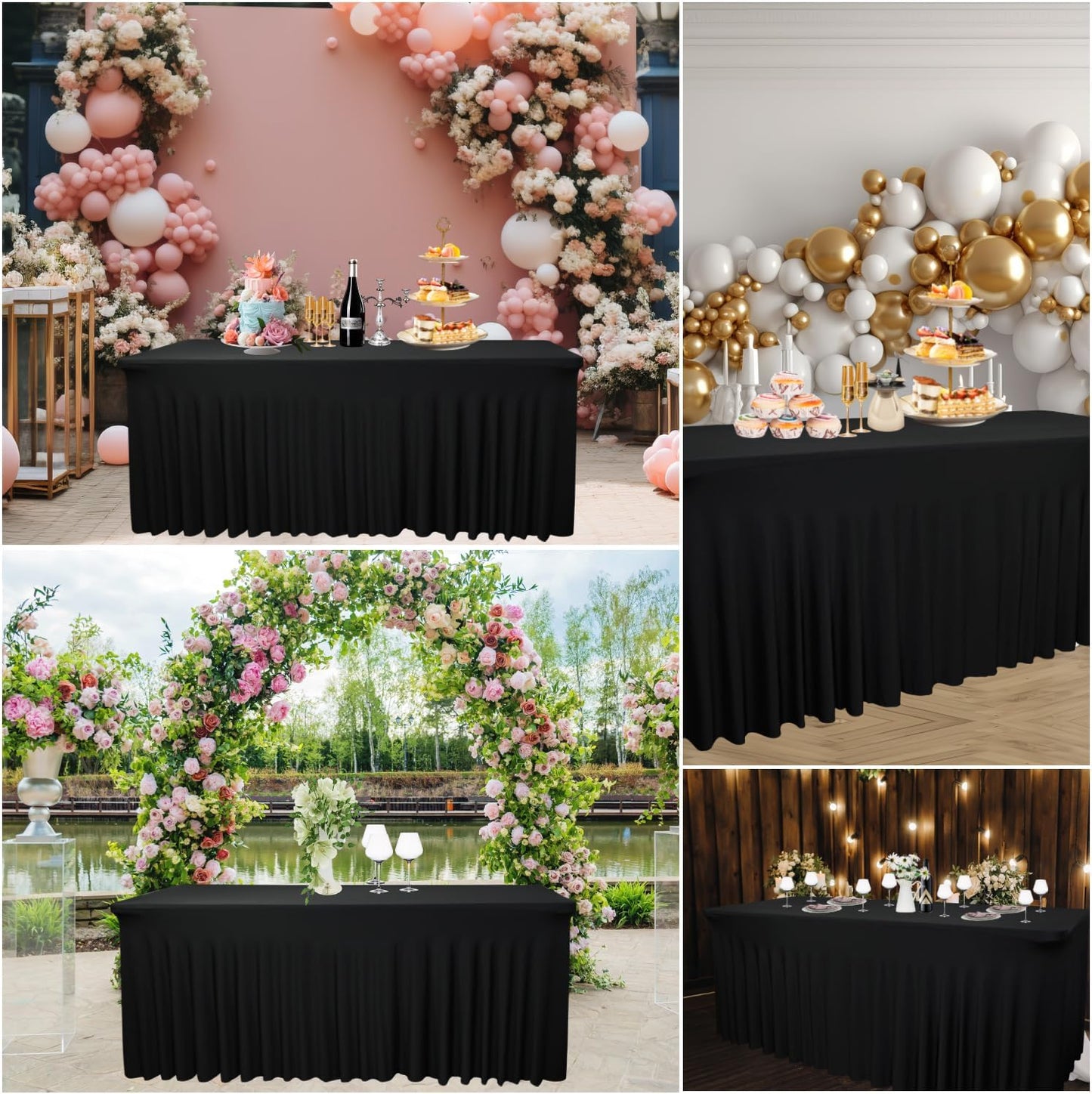 4-Pack Black Table Skirts for 4-Foot Rectangle Tables | 48''L x 24''W x 30''H | Stretch Spandex Fitted Tablecloths | Washable, Wrinkle-Resistant | Perfect for Parties, Banquets, Birthdays