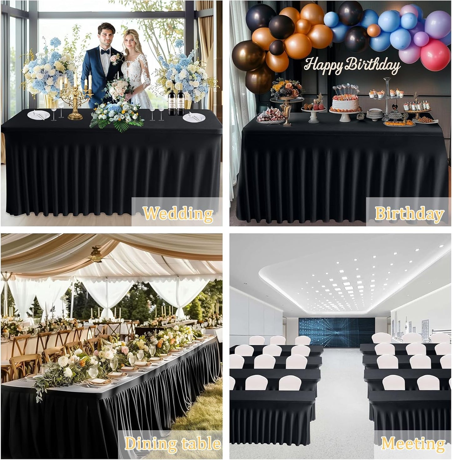 JCJ Table Skirt for Rectangle Tables Set of 6 Spandex Fitted Black Tablecloths for 6FT Tables, Wrinkle Resistant Ruffles Elastic Table Cover Skirts for Teacher Desk Weddings Banquets Parties