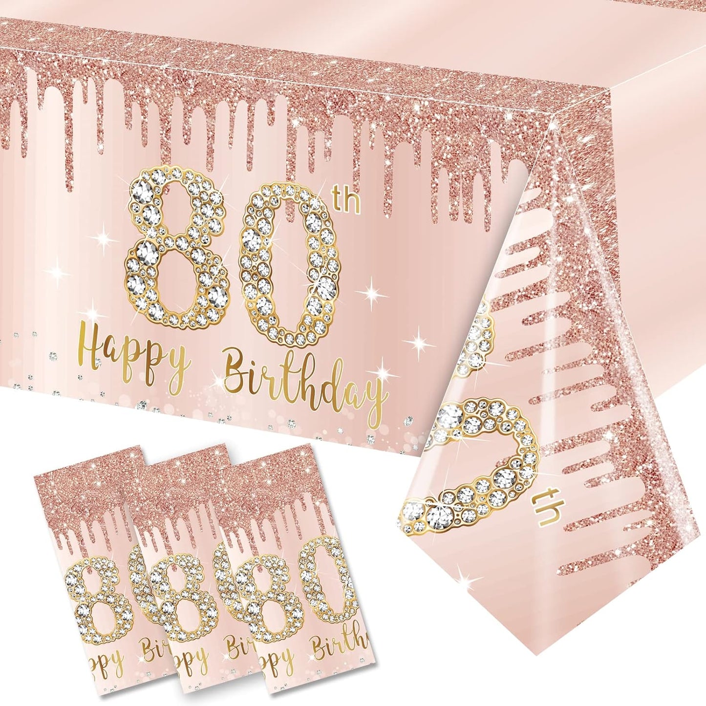 Excelloon 3 Pack 80th Birthday Tablecloth Decorations, Pink Rose Gold Happy 80 Birthday Table Cover, Plastic Disposable Rectangular Table Cloth Decor
