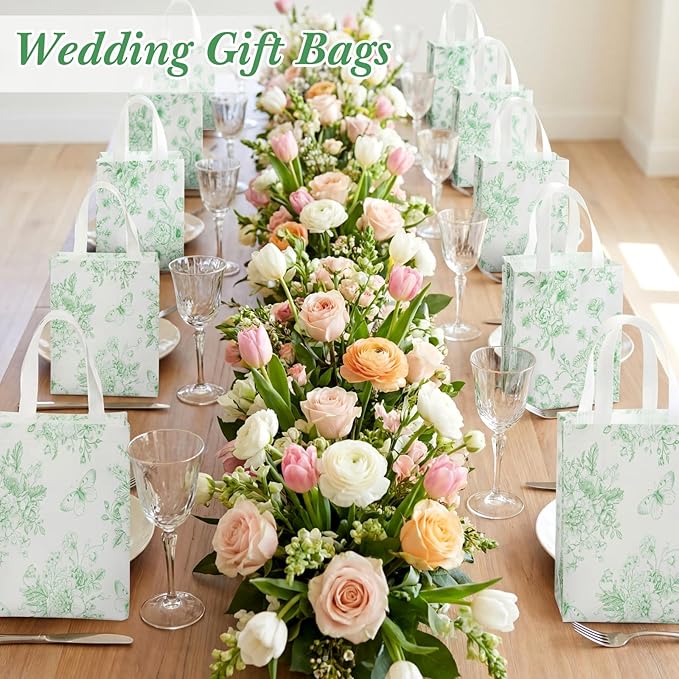 Wovnet 30 Pcs Green Floral Gift Bags Bulk Reusable Non Woven Vintage Floral Tote Treat Goodie Candy Bags with Handle Spring Flowers Party Favors Pouch for Holiday Wedding Party Decor 10 x 8 x 4 Inch