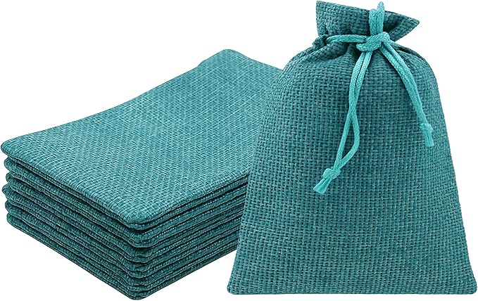 Mandala Crafts 3x4 Inch Teal Burlap Drawstring Gift Bags for Favors - 50 Mini Linen Sacks Gift Pouches for Candy, Jewelry, Wedding, and Party Supplies