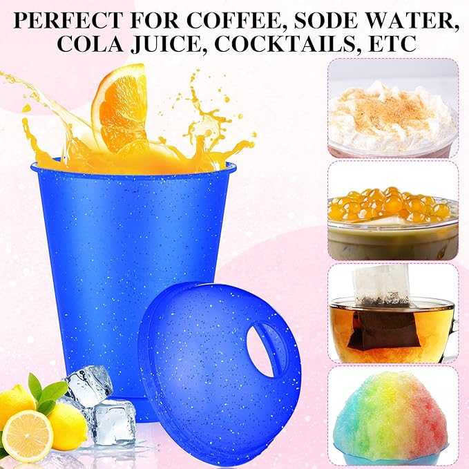 6 Set Slushie Cups with Dome Lids and Straws Detachable Spoon Straws Reusable Plastic Iced Coffee Cups Smoothie Tumbler for Birthdays Summer Party Supplies (Mixed Color,16 oz)