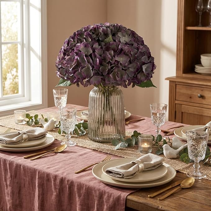 2Bouquets Artificial Fake Flowers Plants Silk Hydrangea Arrangements Wedding Bouquets Decorations Plastic Floral Home Kitchen Garden Party Festival Bar DIY (Grey Purple)