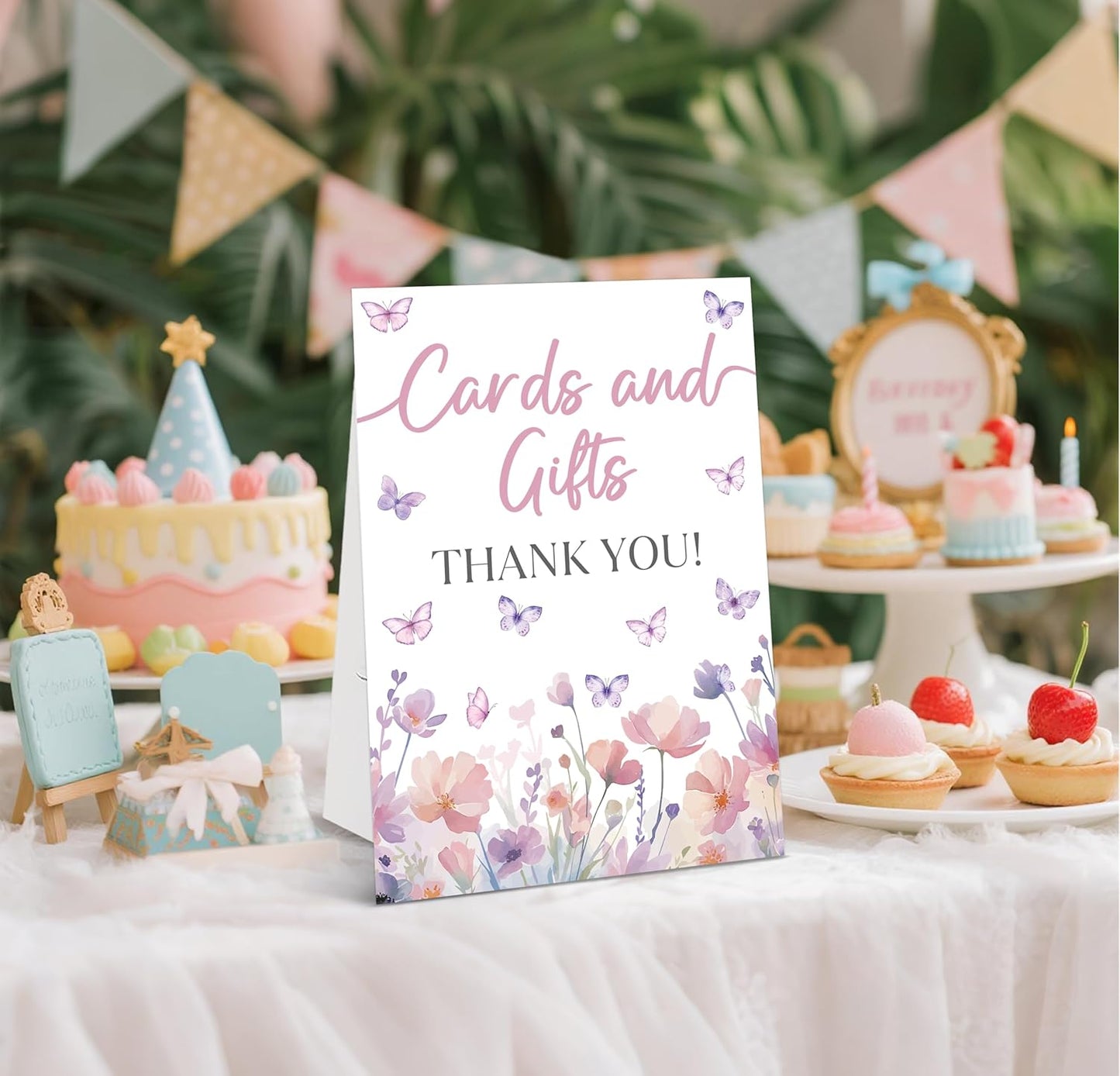Butterfly Baby Shower Tabletop Sign, Cards and Gifts, Include One 8×11 Sign with holder, Purple Butterfly Gender Reveal Party Decoration Supplies - FL30