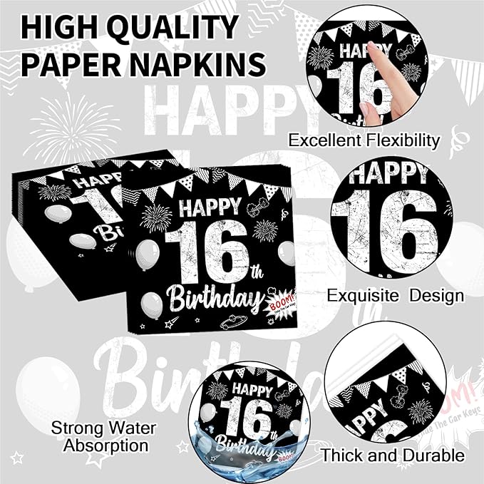 96PCS 16th Birthday Party Paper Plates and Napkins Black Silver 16th Birthday Supplies for Boys and Girls Disposable Dessert Plates Happy 16 Year Old Party Kids Birthday Gatherings Decorations