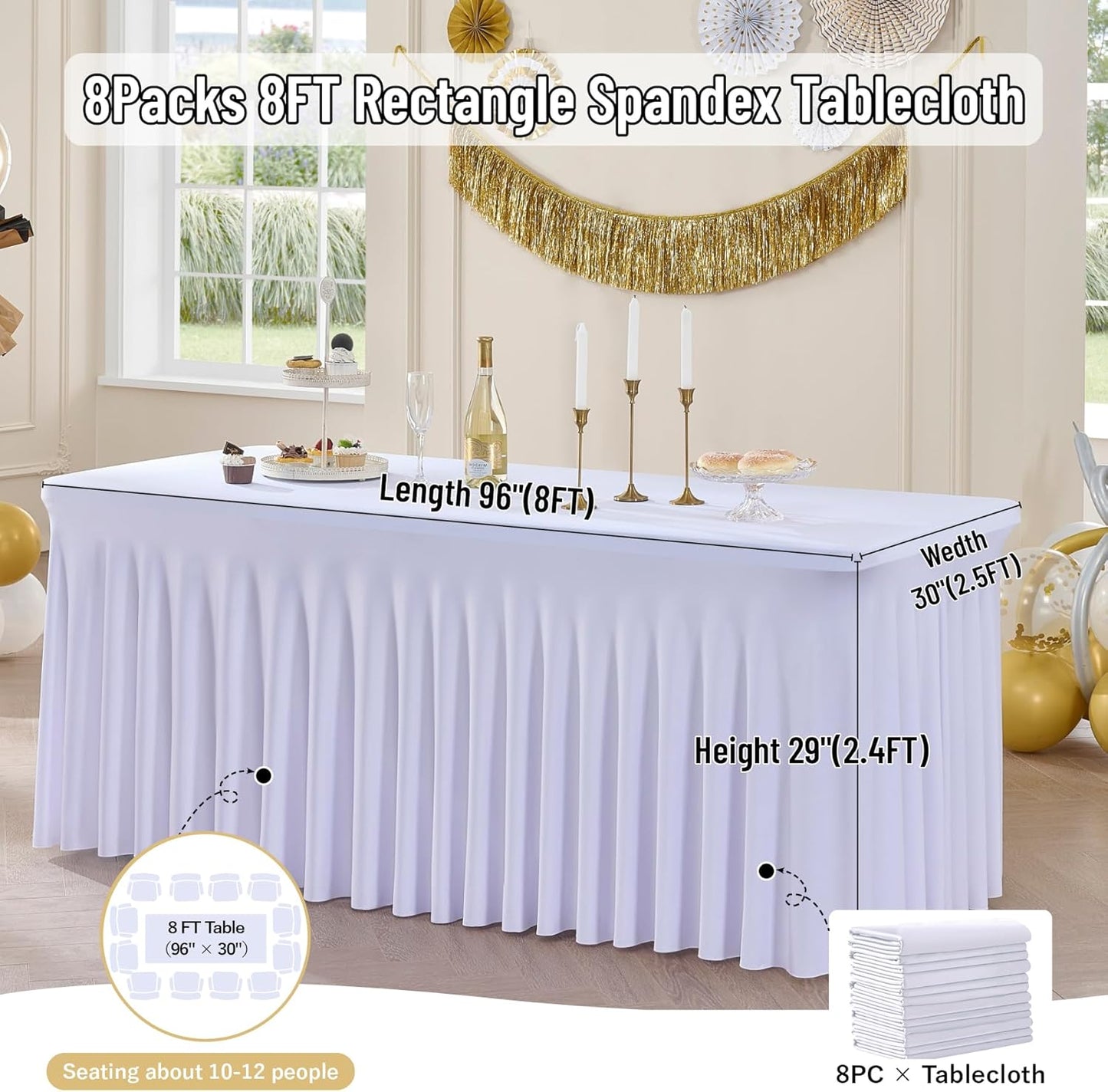leegleri White Spandex Table Clothes for 8 Foot Rectangle Tables, 8 Pack Wrinkle Free Rectangle Table Cloth 8ft Stretch Fitted Tablecloths with Skirt for Parties Weddings Birthday Banquet Baby Shower