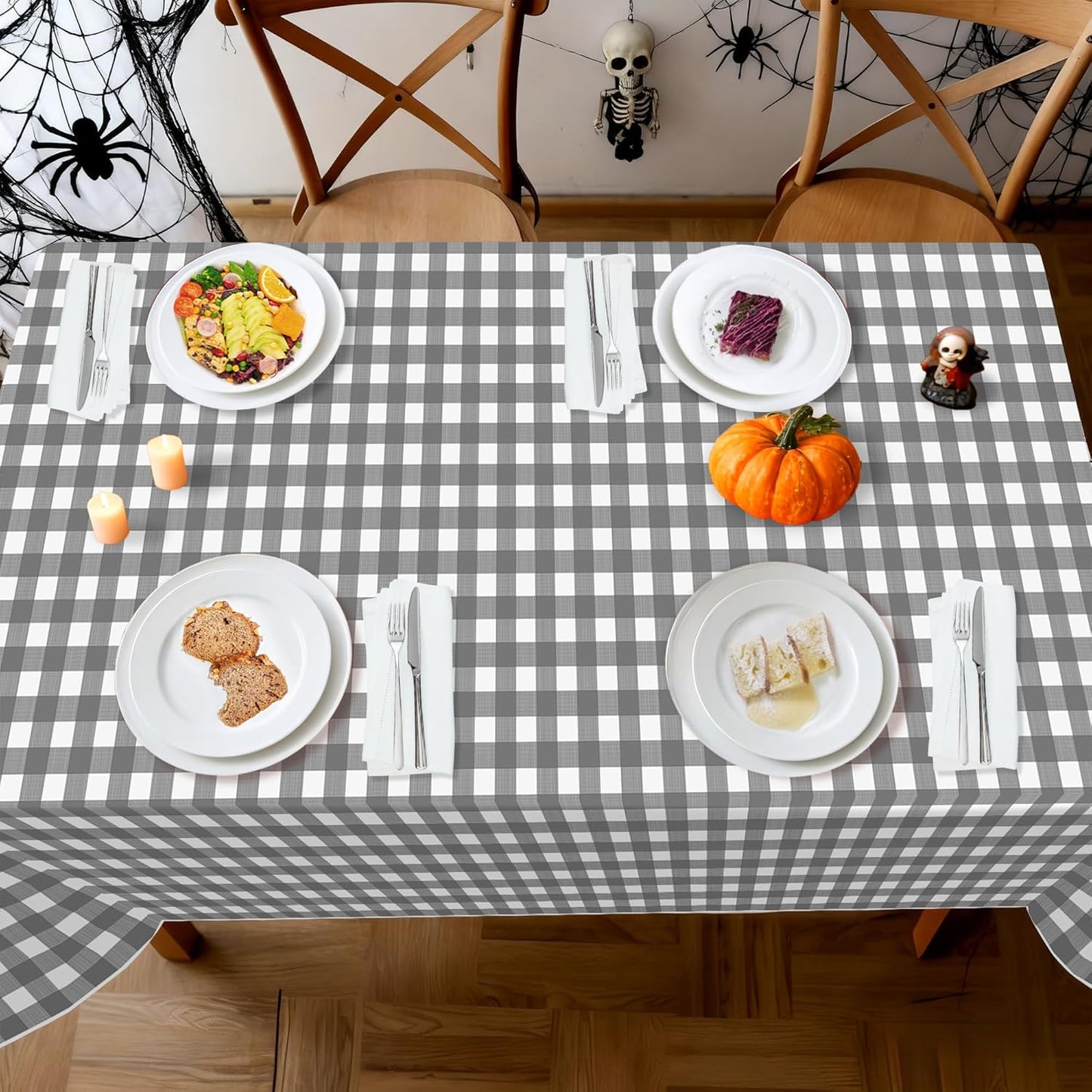 Childom 3 Pack Gray and White Checkered Tablecloths 54"x108" Disposable Plastic Table Cloths Buffalo Plaid Tablecloths for Home,Halloween,Picnic Table Covers for Pizza Party,Race Car Birthday Decors