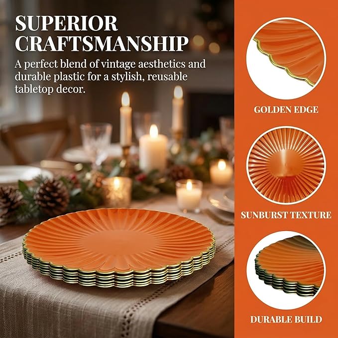 Orange Charger Plates, 13 Inch Plastic Round Dinner Charger Plates for Wedding Party, Tabletop Decor. (Set of 6)