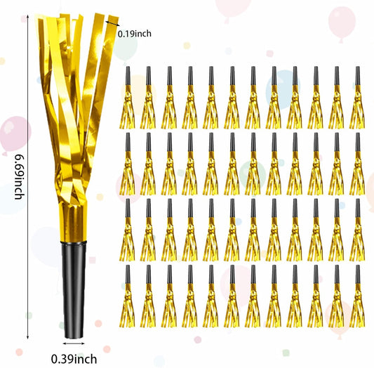 Gold New Years Noise Makers 48 PCS Glitter NYE Party Blowers Blowouts New Years Eve Games Favors Supplies Birthday Pep Rally for Adult Prank Graduation Sporting Events Horns Noisemakers Accessories