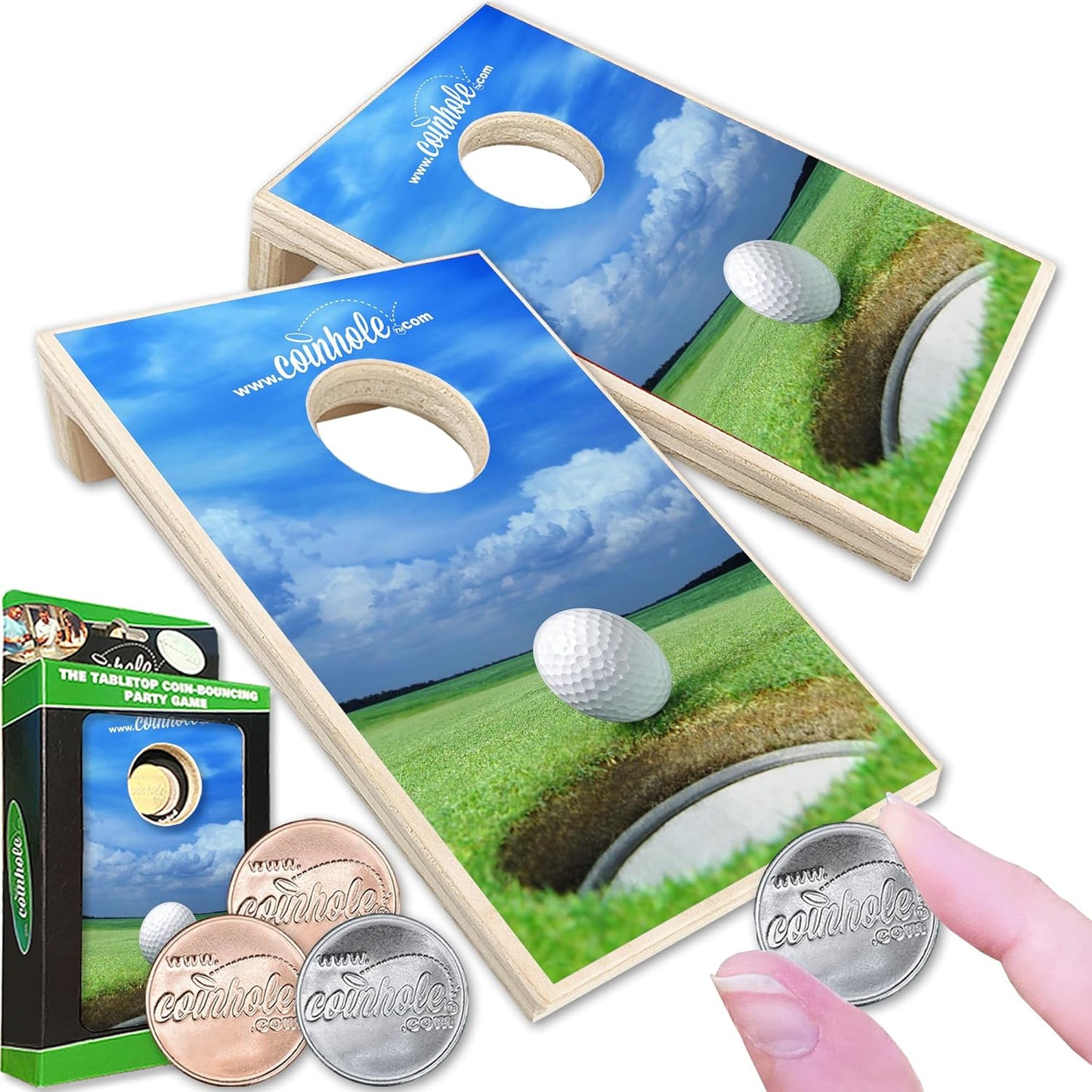 Coinhole Desktop Coin Bouncing Party Game Set | Tabletop Cornhole Board Game | Small Cornhole Travel Game Includes Coins