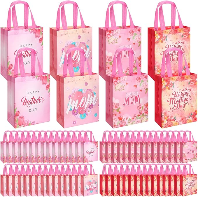 Wesnoy 60 Pcs Mother's Day Gift Tote Bags Bulk 10 x 8 x 4 Inch Reusable Floral Non Woven Gift Wrap Goodie Treat Bags with Handle Happy Mothers Day Party Favors for Mom Grandma Shopping Party Supplies