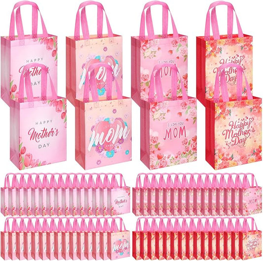 Wesnoy 60 Pcs Mother's Day Gift Tote Bags Bulk 10 x 8 x 4 Inch Reusable Floral Non Woven Gift Wrap Goodie Treat Bags with Handle Happy Mothers Day Party Favors for Mom Grandma Shopping Party Supplies