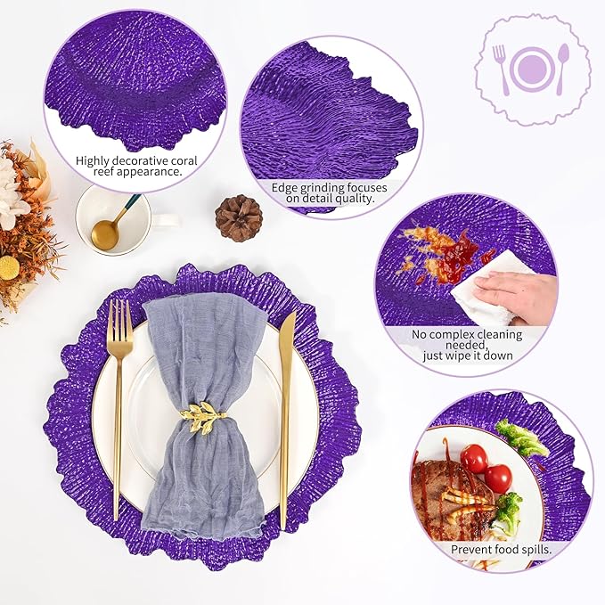 Pesonlook 24Pcs Purple Charger Plates Round 13inch, Reef Plate Chargers for Dinner, Bulk Plastic Floral Table Plates for Dinner Wedding Party Event Table Setting Decoration(Purple)