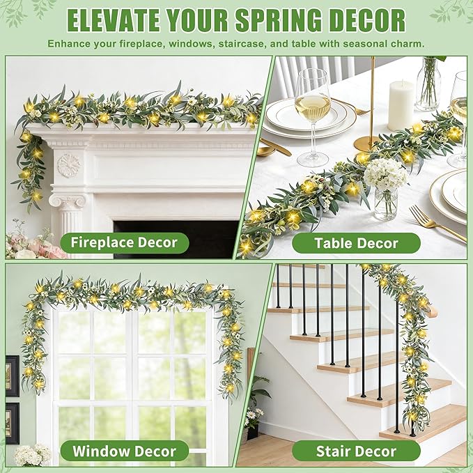 Artgar Olive Garland with Lights - 6 Ft Eucalyptus Garland with Timer 30 Fairy Lights, Artificial Greenery Olive Leaf Vine Garlands for Indoor Outdoor Wedding Arch Backdrop Table Spring/Summer Decor