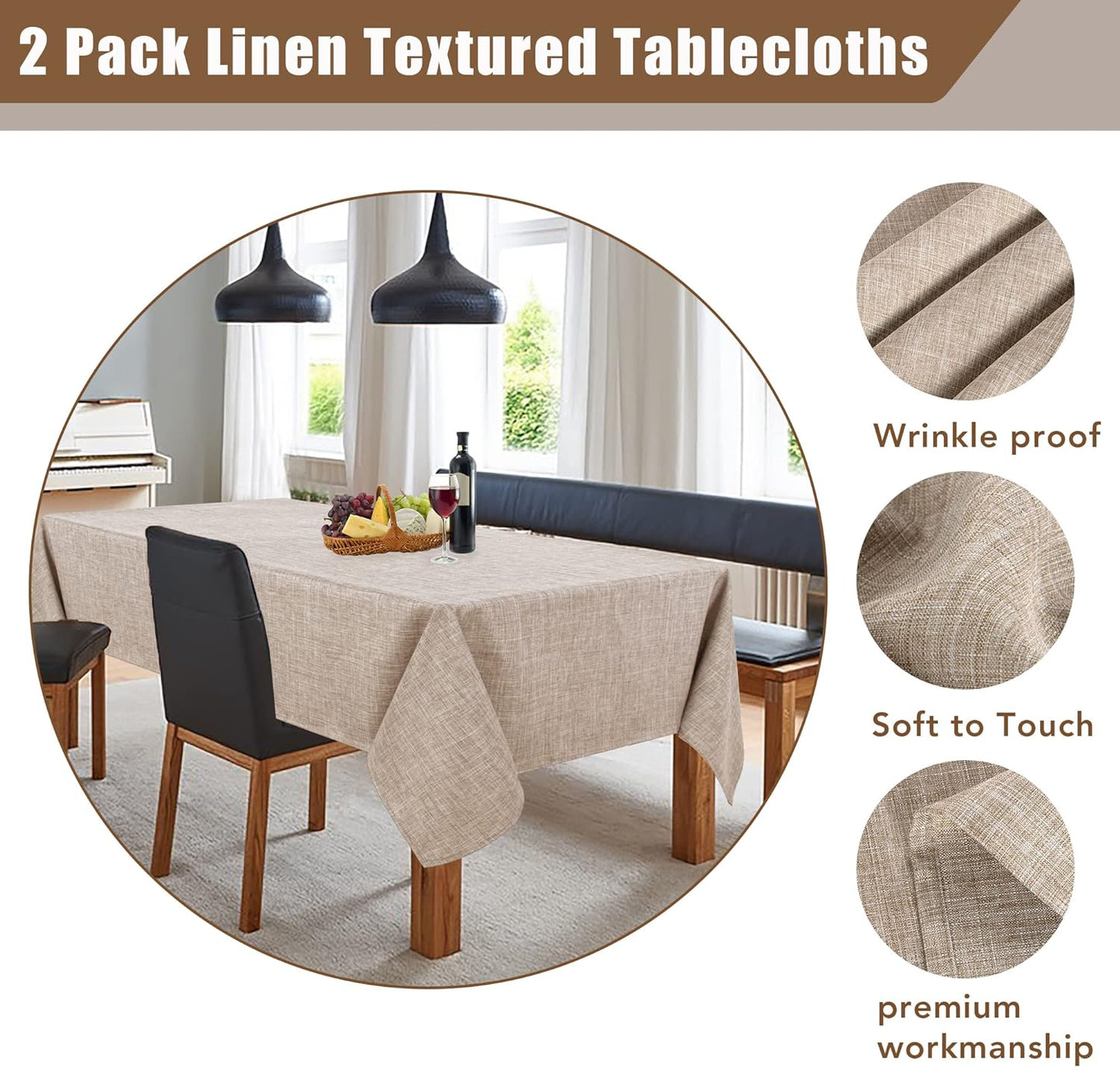 Fitable Faux Linen Tablecloths Rectangle 60 x 120 Inch - 2 Pack Neutral Table Clothes for 8 Foot Tables, Nature Faux Burlap Kitchen Table Covers for Dining, Party, Farmhouse, Banquet, Buffet