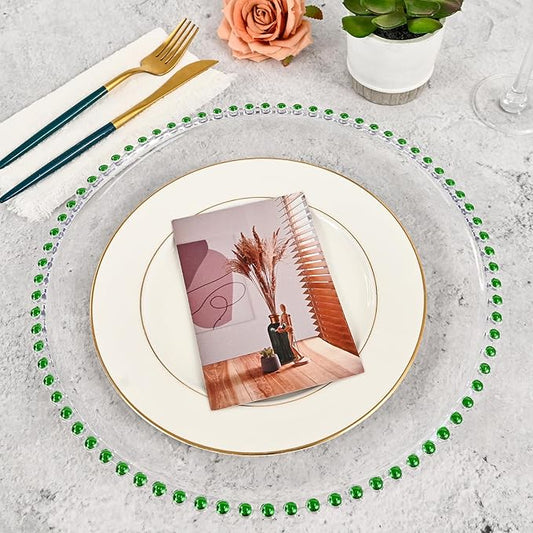 24 PCS Clear Round Charger Plates with Beaded Rim, 13 Inch Plastic Acrylic Plate, Plastic Round Beaded Dinner Decorative Service Plates for Wedding Party Event, Home Kitchen Tabletop(Green)