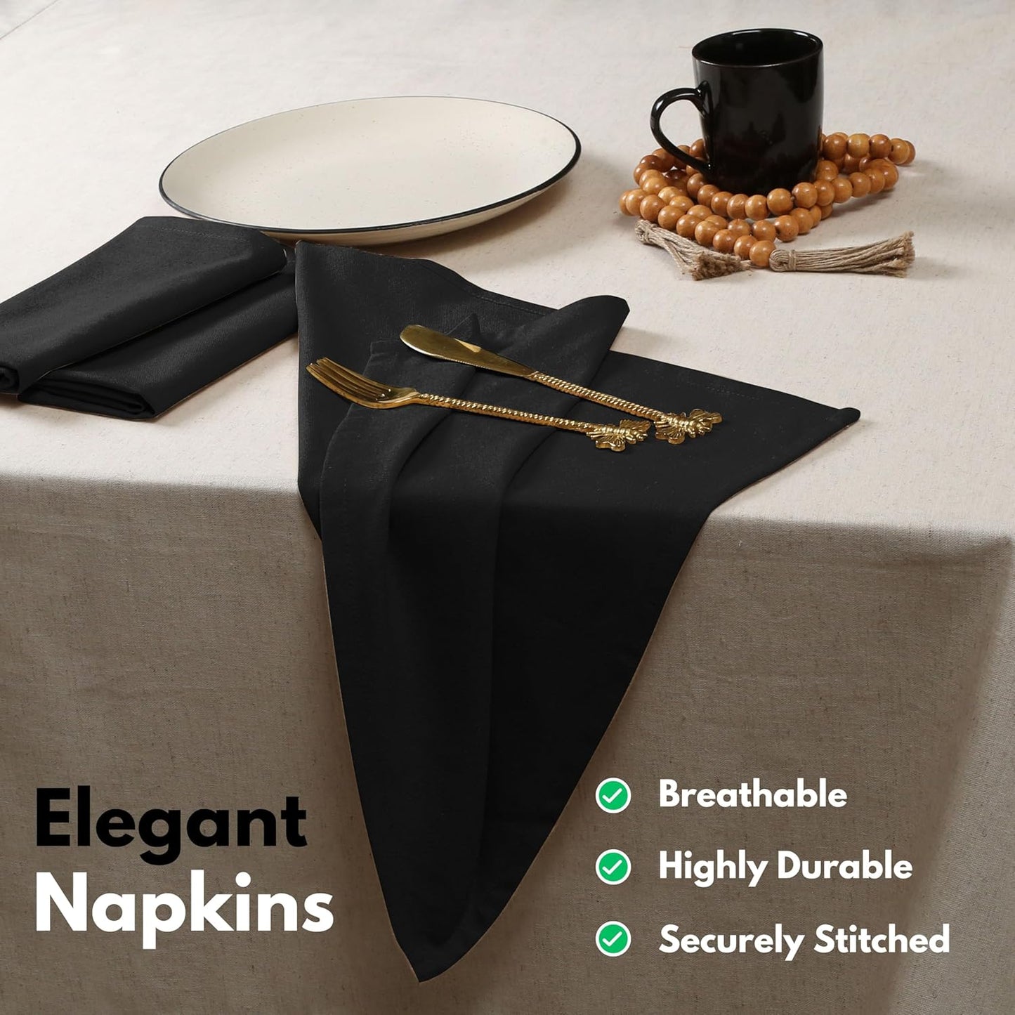 Native Fab Black Cloth Napkins, Set of 4, 17x17 inches, 100% Cotton, Washable, Reusable Fabric Linen, Table Decor Napkins for Dinner, Events, Parties, Wedding - Black