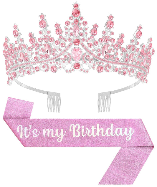 Birthday Tiara and Crown with Sash, Birthday Tiara for Women Party (Pink)