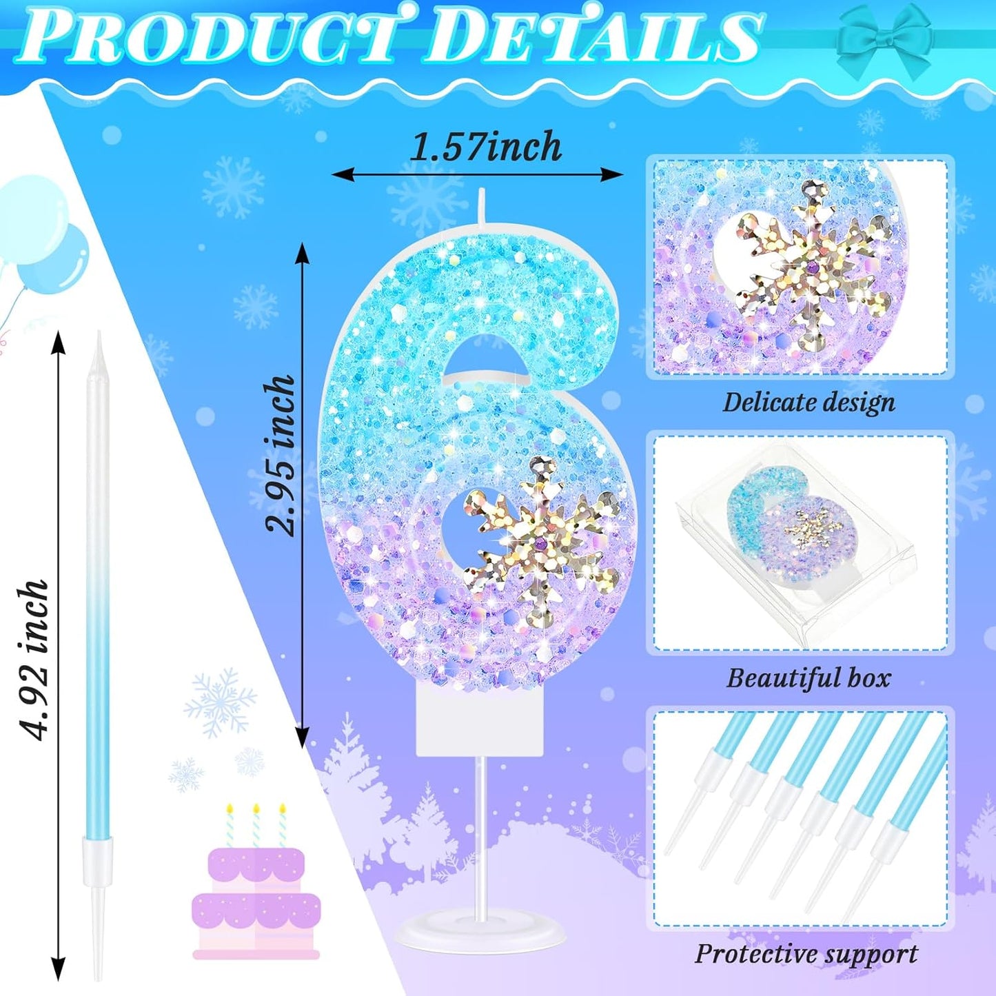 MTLEE Number 6 Birthday Candle Blue Snowflake with 6 Long Thin Cupcake Candles Blue Sparklers Glitter Number Happy Birthday Cake Topper Decorations for Winter Party Supplies