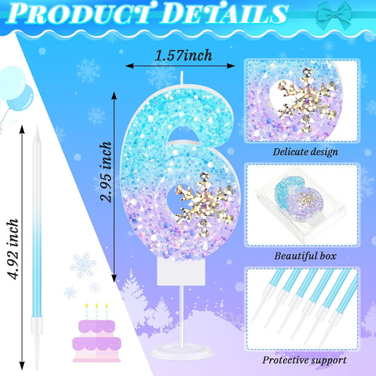 MTLEE Number 6 Birthday Candle Blue Snowflake with 6 Long Thin Cupcake Candles Blue Sparklers Glitter Number Happy Birthday Cake Topper Decorations for Winter Party Supplies