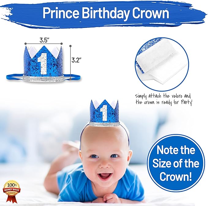 Baby 1st Birthday Boy Decorations with Crown - Baby Boy First Birthday Decorations High Chair Banner - Cake Smash Party Supplies - Happy Birthday ONE Burlap Banner, No.1 Silver and Blue Crown