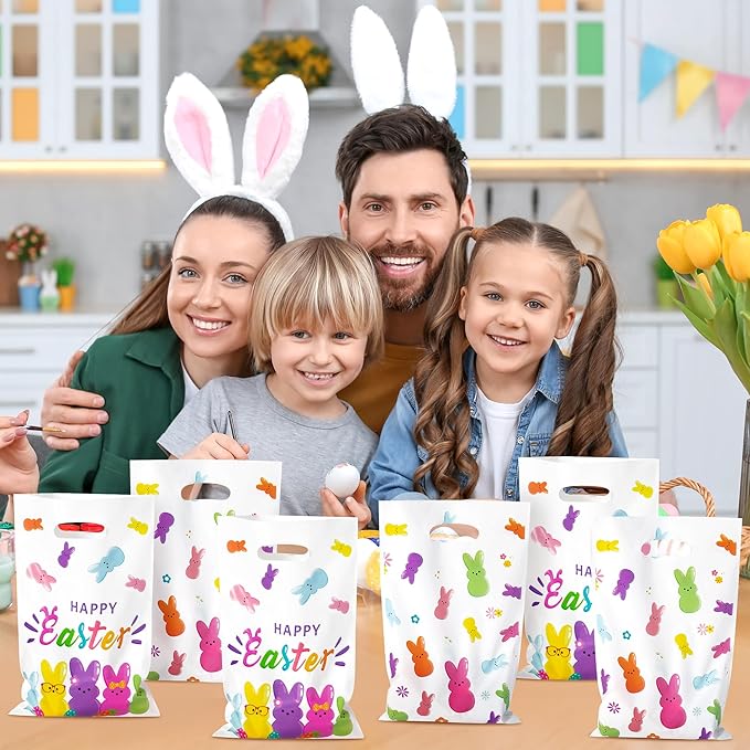 50Pcs Easter Bunny Peeps Party Favor Bag - Happy Easter Rabbit Plastic Waterproof Goodie Bag with Die Cut Handles Rectangular Candy Gift Bags for Kids Festival Decoration Party Favor Supplies