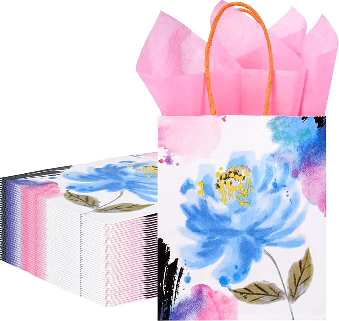 24 Pack Mini Watercolor Floral Paper Gift Bags Small Pink Party Favor Bags with Handles and Tissue Paper for Wedddings, Bridal Baby Showers, Birthdays, Valentines, Mother's Day, 6.5x5.5x3 Inch
