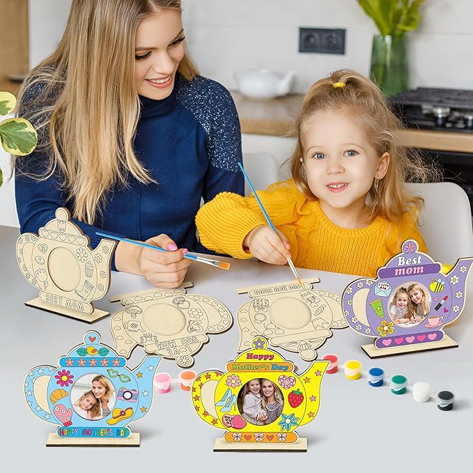 Haooryx Wooden Picture Photo Frame - 12 Pcs Mother's Day Color Your Own DIY Tea Pot Mom Uncolored Wooden Display Pictures Photo Frames Collage Set Wall Hanging Wall Tabletop Mounting Tabletop Display