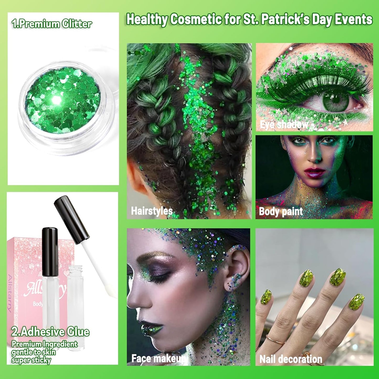 Allstarry Green Body Glitter, 4 Colors Cosmetic Green Face Glitter, Shamrock Face Eyeshadow Makeup Hair and Eye Glitter St Patricks Day Accessories Green Makeup Shamrock Decorations