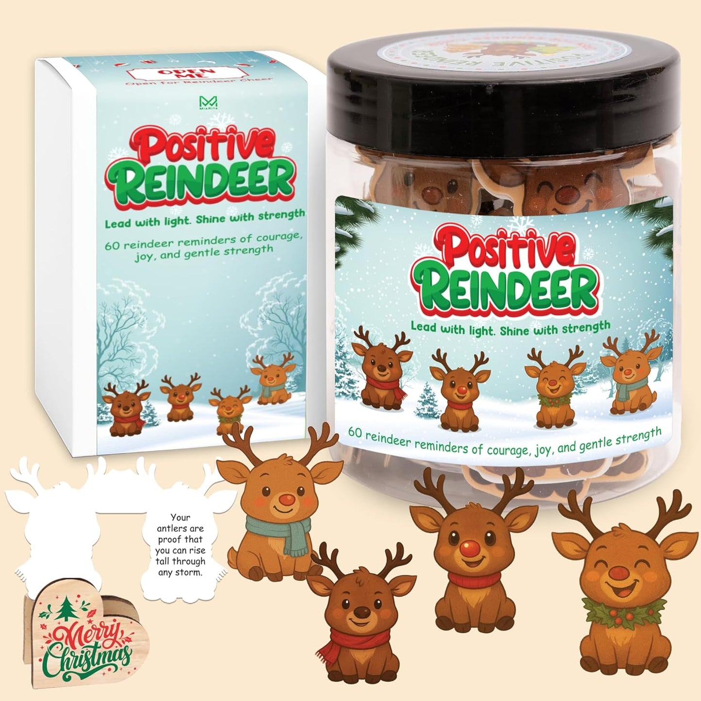 Positive Reindeer Jar, Cute Holiday Affirmation Cards, for Women & Teens, Stocking Stuffers for Teen Girls, White Elephant Gift Ideas, Inspirational Christmas Decor