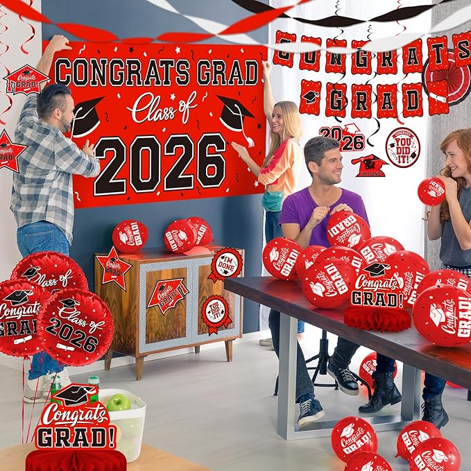 Red Themed 2026 Graduation Decorations Set - Congrats Grad Banner, Class of 2026Backdrop, Balloons & Streamers Kit - Complete Party Supplies for High School & College Celebrations