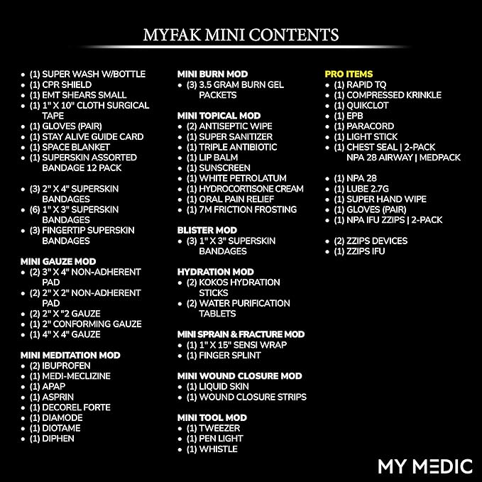 My Medic MyFak Mini Pro First Aid Kit - Small and Lightweight for Camping Hiking and Backpacking - 70 Items IFAK with Tourniquet - HSA/FSA Great for Travel - Black