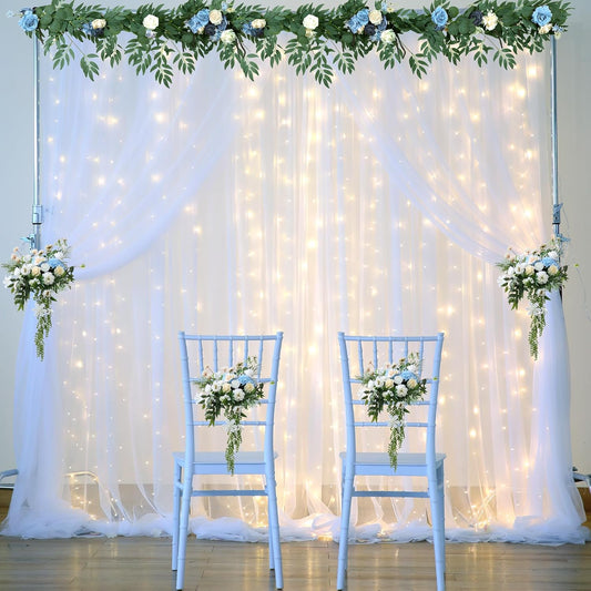 White Backdrop Curtains with Lights String for Wedding Parties 10×10ft Sheer Tulle Backdrop Curtain for Bridal Shower Baby Shower Birthday Party Photo Shoot Background Decorations(2 Panels 10ft×10ft)