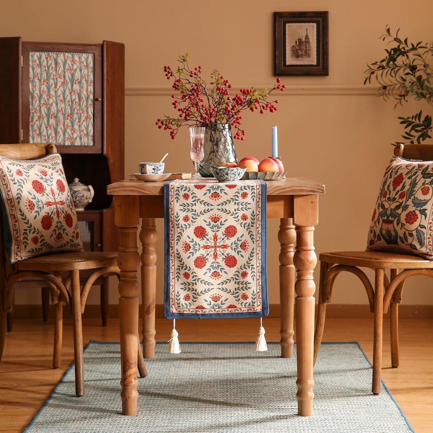patdrea Designer Vintage Bright Farmhouse Linen Table Runner 71 Inch Long, Maroon Floral Pattern Table Mat, Decoration for Kitchen Dining Table Coffee Table Cabinet Banquet Christmas ,12"*71"