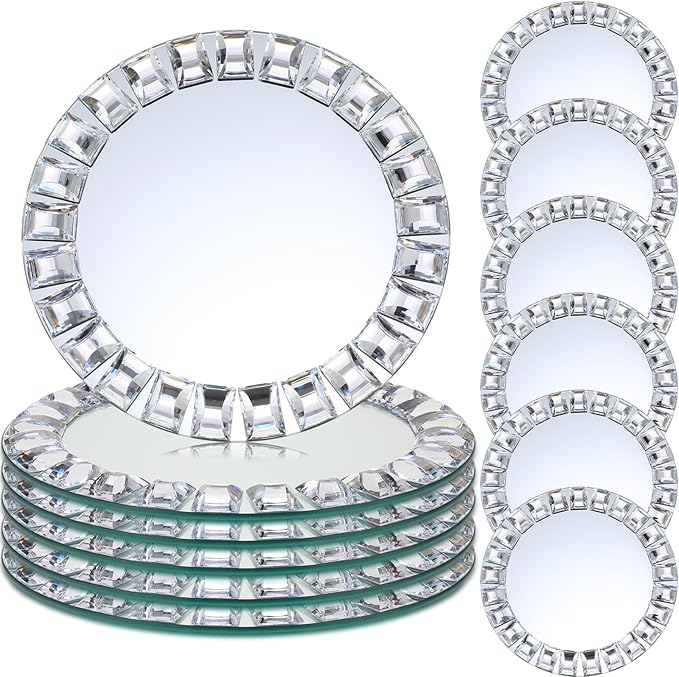 Suclain 12 Pcs Mirrored Glass Charger Plates 13 Inch Silver Mirror Plates Round Chargers for Dinner with Diamond Rim Settings for Wedding Birthday Party Events (Square Diamond Rim)