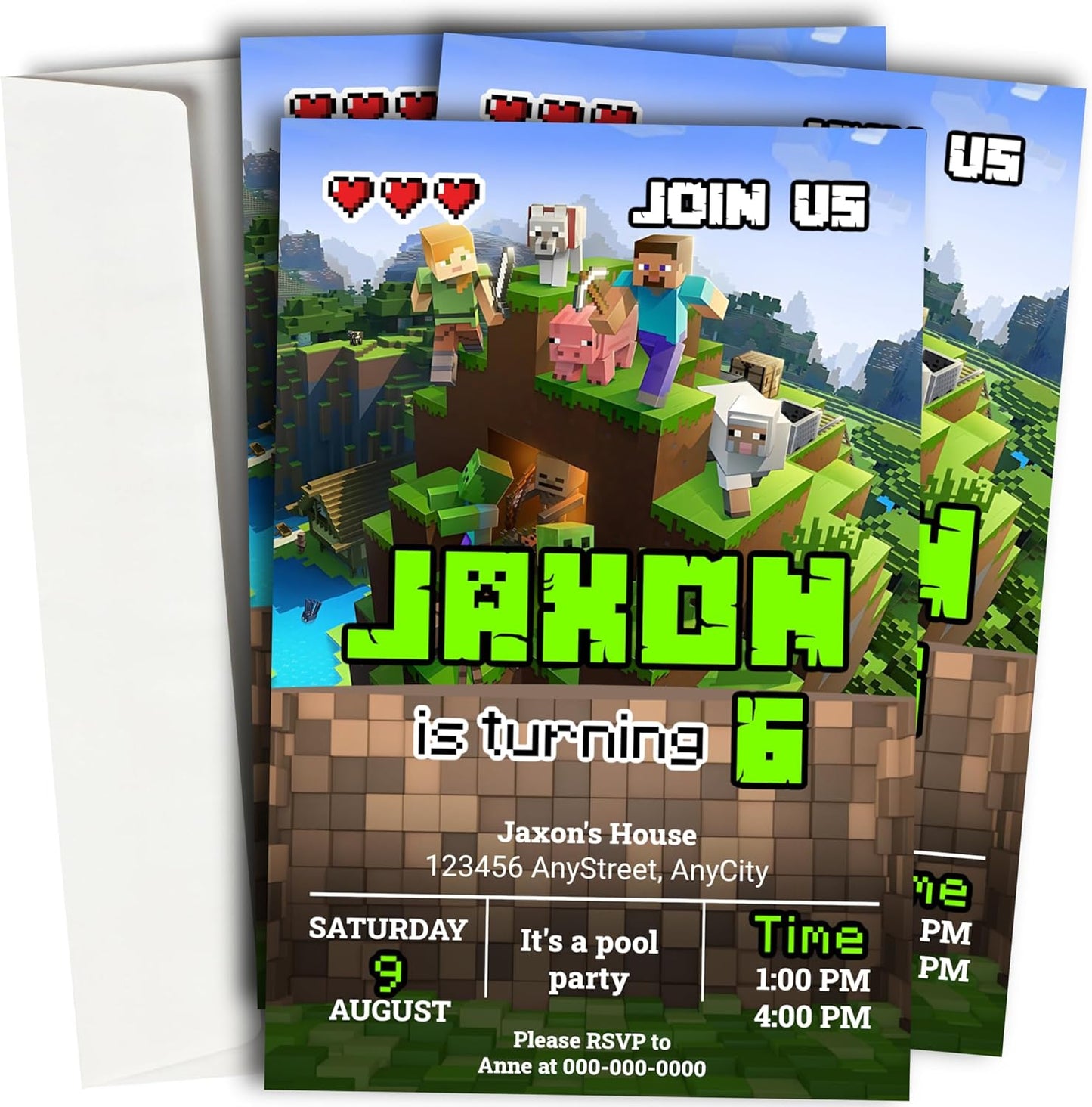 Fully Customizable minecraft Birthday Party Invitations, 4 x 6 inches, with Self-Sealing Envelopes, Gaming Theme Design, minecraft Birthday Invitations for Boys and Girls (Minecraft/Game)