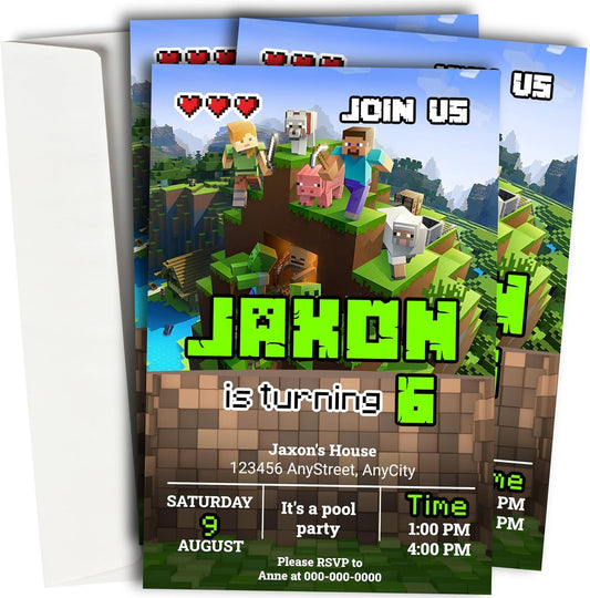 Fully Customizable minecraft Birthday Party Invitations, 4 x 6 inches, with Self-Sealing Envelopes, Gaming Theme Design, minecraft Birthday Invitations for Boys and Girls (Minecraft/Game)