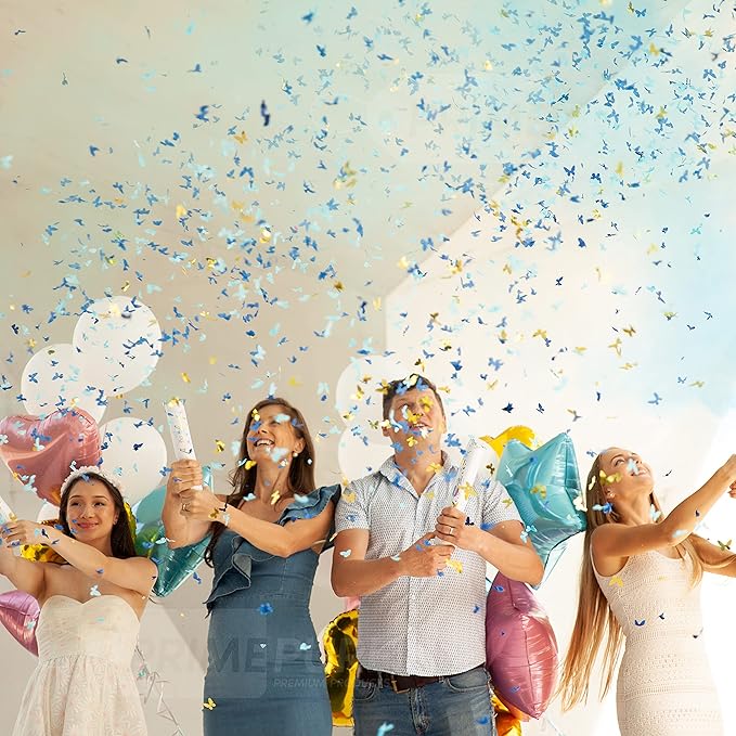 PrimePure Gender Reveal Confetti Cannon - Butterfly Confetti Popper & Biodegradable Powder Cannon - Pink & Blue, 4 Pack - Baby Girl or Boy Gender Reveal Smoke Bombs Baby Powder Paper Party Poppers