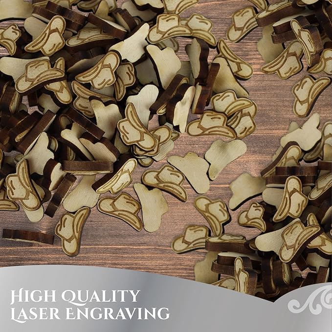 Confetti - Engraved Wood - Rustic Wooden Wedding Decor Party Table Scatter Decorations (Cowboy/Cowgirl Hat)