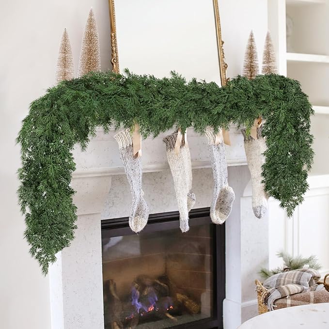 Christmas Garland Soft Bendable Realistic Artificial Cedar Pine Green Xmas Mantle Garland for Staircase with Gift Box Garlands for Decoration Christmas Fireplace Porch Table Home Yard Decor