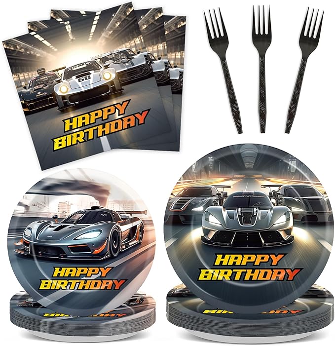 96PCS Race Car Party Paper Plates and Napkins and Forks Set for Hot Car Theme Wheel Racing Party Paper Plates Disposable Decor Race Track Parties Set for Kids Birthday Gatherings Decorations