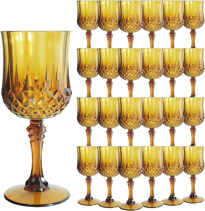 Plastic Wine Glasses, Plastic Goblets Vintage Style Cordial Unbreakable Drinking Glasses, Reusable Drinkware for Wedding Reception, Grand Event Party Supplies, Easter (24, Amber)