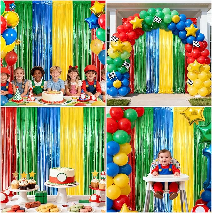 4 Packs Blue Red Green Yellow Foil Fringe Curtain, Blue Red Green Yellow Glitter Metallic Tinsel Backdrop for Birthday, Baby Shower, Video Game Theme Party Decorations Supplies