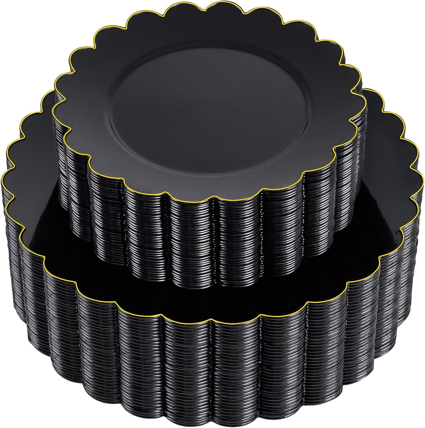 supernal 100pcs Black and Gold Plastic Dinnerware Set - Scalloped Disposable Plates Heavy Duty Gold And Black Plastic Plates Service for 50 Guests,Perfect for Party Birthday Wedding Festival