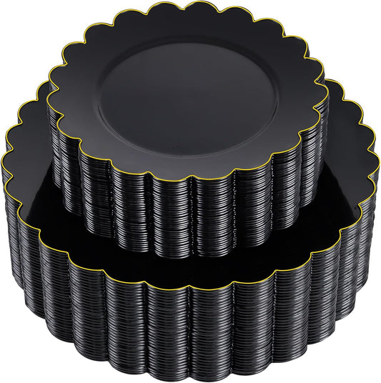 supernal 100pcs Black and Gold Plastic Dinnerware Set - Scalloped Disposable Plates Heavy Duty Gold And Black Plastic Plates Service for 50 Guests,Perfect for Party Birthday Wedding Festival