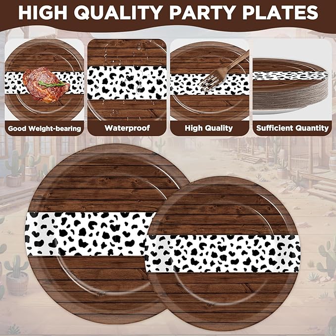 96Pcs Western Party Paper Plates and Napkins Cow Print Dessert Plates Cowboy Party Favors Supplies Tableware for Wild West First Rodeo Cowgirl Bachelorette Baby Shower Birthday Gatherings Decorations