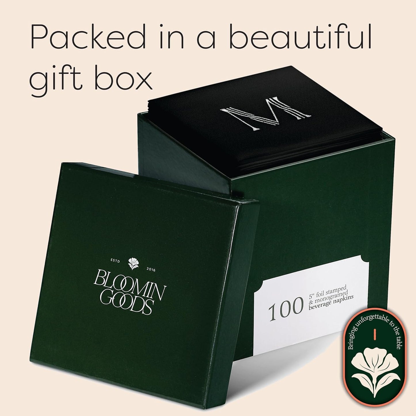 100 Pack Disposable Monogrammed Cocktail Napkins Black, 5"x5" Linen-Feel Silver Foil Letter B Paper Napkins, Initial White Beverage Napkins For Wedding, Party, Bar Or Holiday